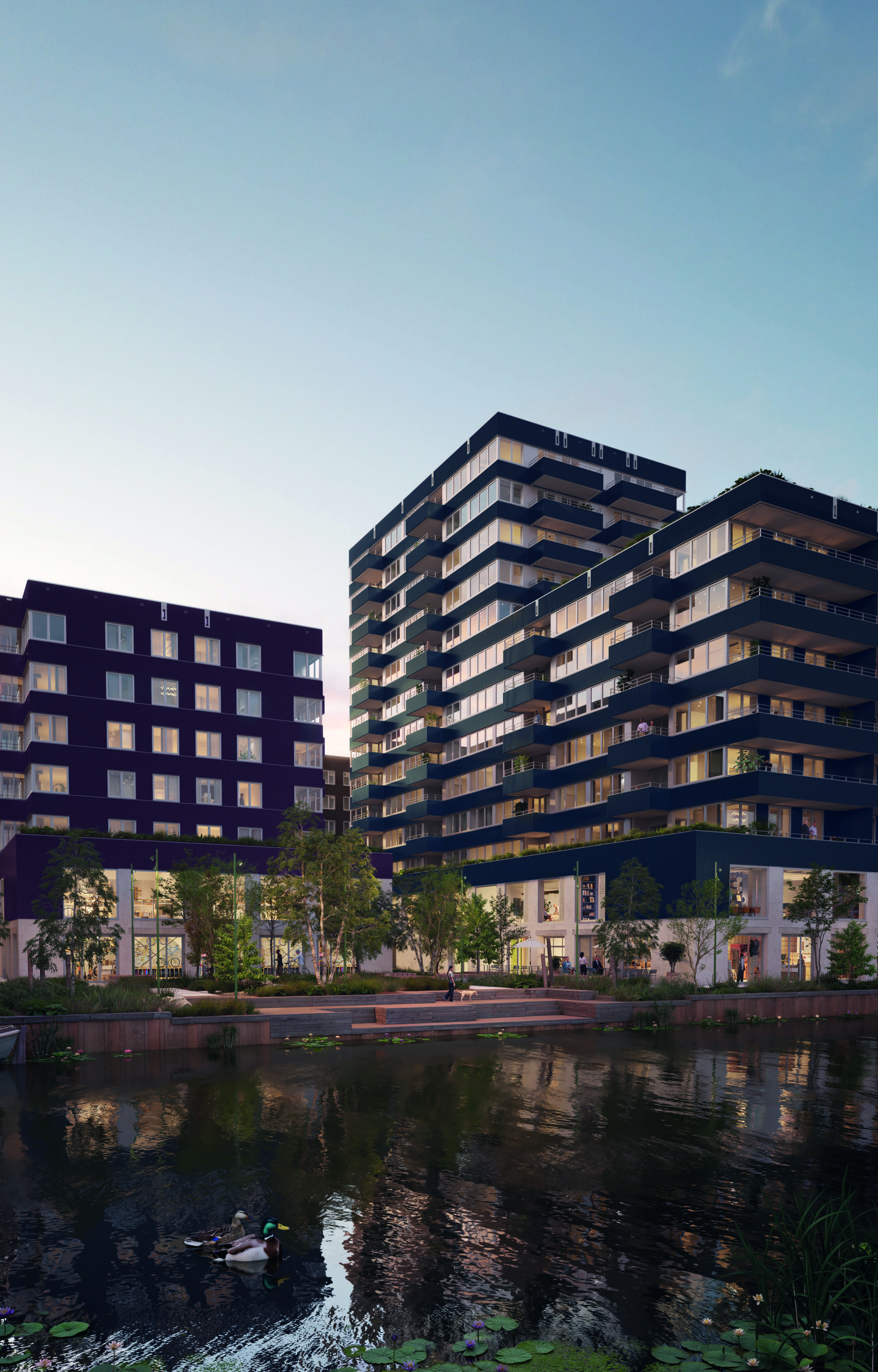 Render van de vier woongebouwen van ASTR.